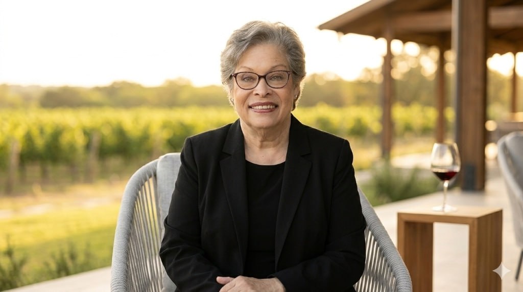 Diane Mack, Owner & Luxury Travel Curator, seated at a vineyard at golden hour