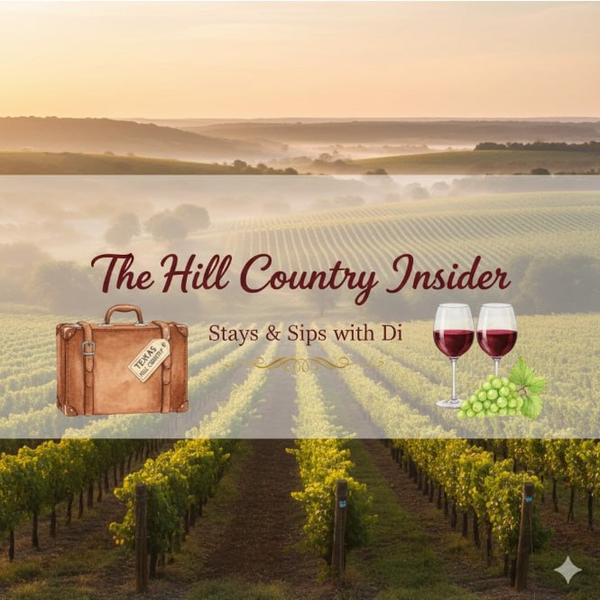 The Hill Country Insider signature badge with Texas vineyards, a vintage suitcase, and two glasses of red wine