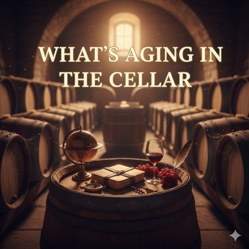 What Is Aging in the Cellar — wine cellar lined with oak barrels, globe and wine glass atop a barrel