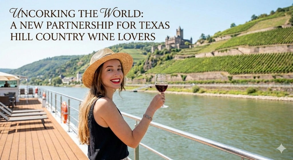 Woman toasting with red wine on a European river cruise deck
