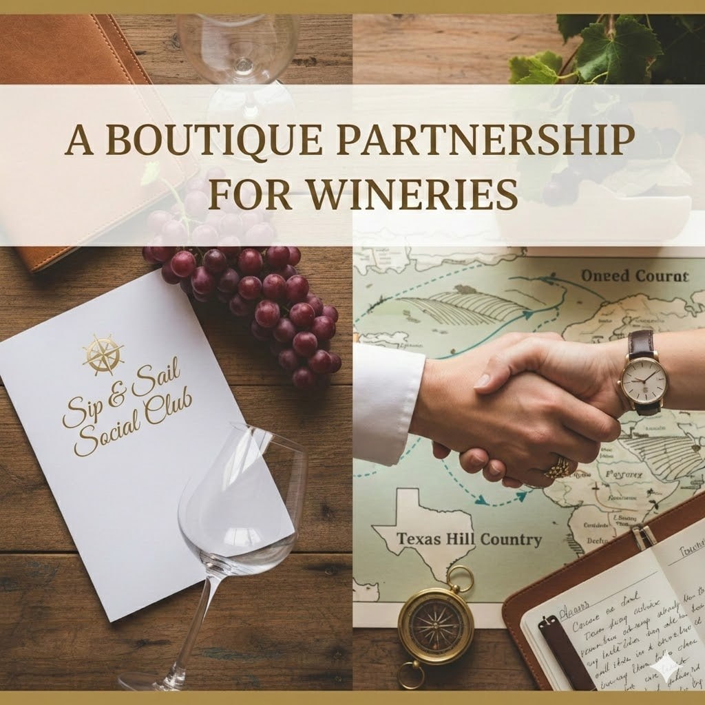A Boutique Partnership for Wineries — Sip & Sail Social Club branded notebook with map of Texas Hill Country and world wine regions