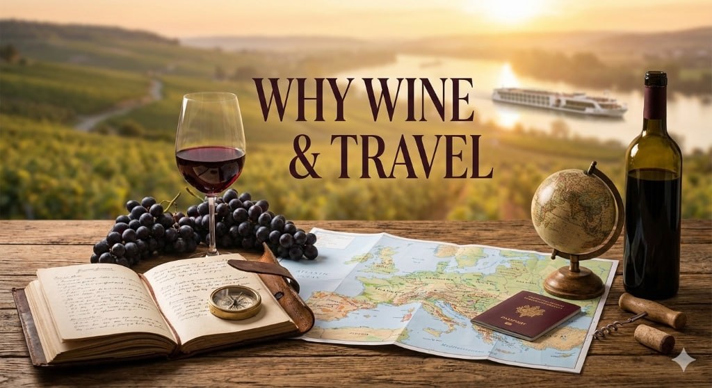 Why Wine & Travel flat lay with wine glass, grapes, globe, and river cruise vista