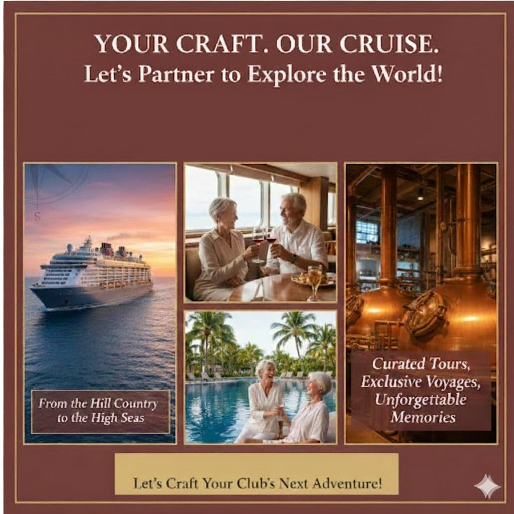 Your Craft. Our Cruise. — Sip & Sail Social Club partnership infographic featuring cruise ship, wine pairings, and distillery imagery